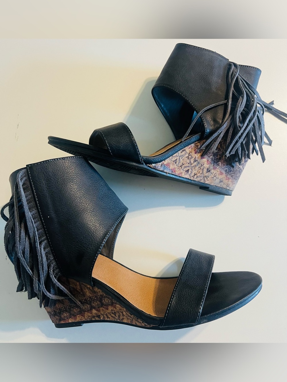 Rampage Dark Grey Fringe Wedge Heels
